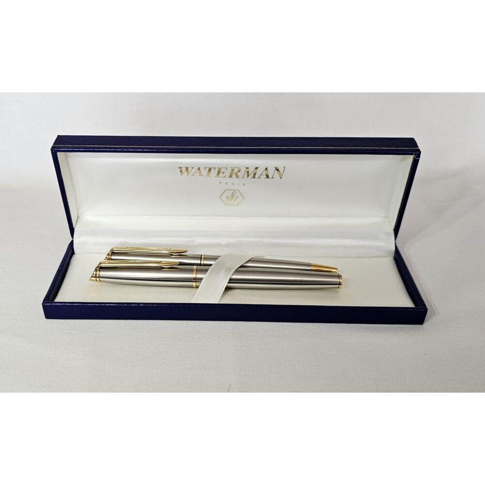 Waterman Paris Ballpoint Pen and Fountain Pen Set Stainless Steel w/ Gold Trim
